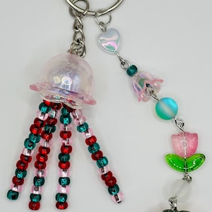 Beaded Jellyfish Keychain| Strawberry-inspired, handmade, bag charm, ocean-themed accessory
