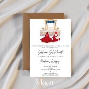 Puede incluir: Una invitación de boda con una ilustración dorada y azul de una ceremonia de boda sij. El texto dice "The Singh family requests you to join them for the auspicious Sukhmani Sahib Path in honour of their daughter Harleen's Wedding. Sunday, May 5th, 2024, 10:00 AM, followed by Guru Kalangar at The Singh Residence, 125 Your Street Your City. Maan Design."