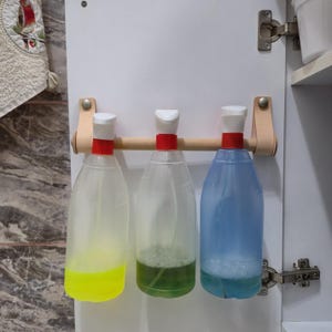 Under Sink Leather Spray Bottle Holder, Birch or Walnut Dowel, Bathroom Storage, Wall Mount