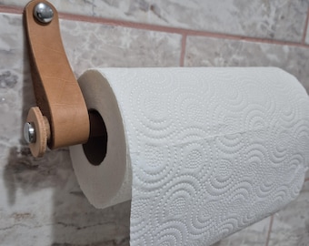 Veg Tan Leather Paper Towel Holder, Birch Walnut Wood Rack, Wall Mount Kitchen Decor