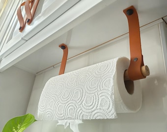 Leather Paper Towel Holder, Under Cabinet Wood Kitchen Rail