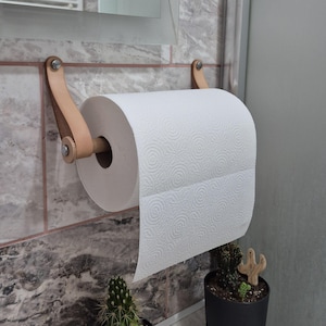 Portarotolo di carta in pelle color cuoio, da parete, per cucina e bagno, tassello in legno di betulla e noce