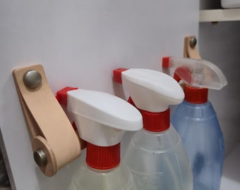 Under Sink Leather Spray Bottle Holder, Birch or Walnut Dowel, Bathroom Storage, Wall Mount