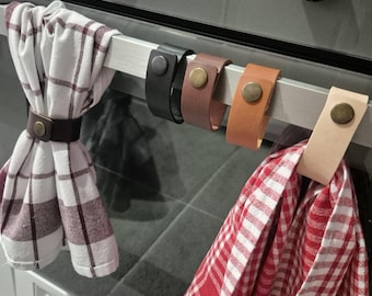 Skórzany uchwyt na ręczniki do piekarnika, minimalistyczny schowek w kuchni