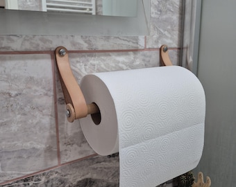 Veg Tan Leather Paper Towel Holder, Wall Mount Kitchen Bathroom Storage, Birch Walnut Dowel