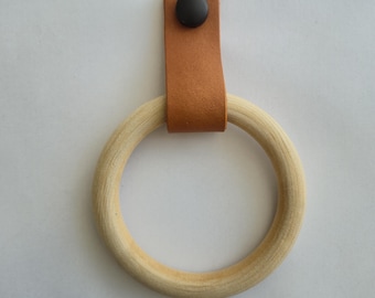 Leather Wall Hanging Strap with Wooden Ring, Towel Holder, Vegan Home Accessories, Minimalist Decor