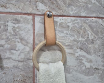 Veg Tan Leather Towel Ring, Birch Wood, Minimalist Bathroom Decor