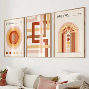 Bauhaus Wall Art Set of 3, Bauhaus Orange Poster, Bauhaus Gallery Wall Print Set, Fall Minimalist Prints, Red Orange Geometric Art Decor