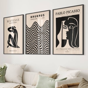 Black Wall Art Set Of 3, Picasso Print, Picasso Poster, Bauhaus Print, Bauhaus Poster Set, Matisse Print, Matisse Wall Art, Black Art Decor