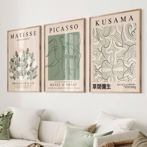 Conjunto de arte de pared verde salvia de 3, impresión de Yayoi Kusama, cartel de Picasso, conjunto de impresión de Matisse, impresiones relajantes, arte de pared moderno verde, decoración de pared botánica