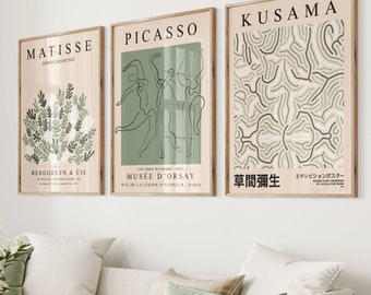 Könnte beinhalten: Drei minimalistische Kunstdrucke mit grünen und weißen Designs. Die Drucke zeigen die Namen "Matisse", "Picasso" und "Kusama" mit Text über die Künstler und Museen.