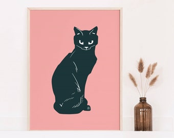 Angry Cat Print Black Pink Cat Poster Cat Lover Pink Decor Angry Black Cat Retro Pink Cat Print Cute Gift for Cat Owner Angry Cat Halloween