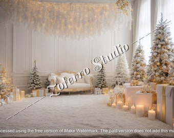 May include: A white couch with gold accents sits in a room decorated for Christmas.  The room is decorated with white Christmas trees, white lights, and white gift boxes.  The floor is covered in white faux snow.