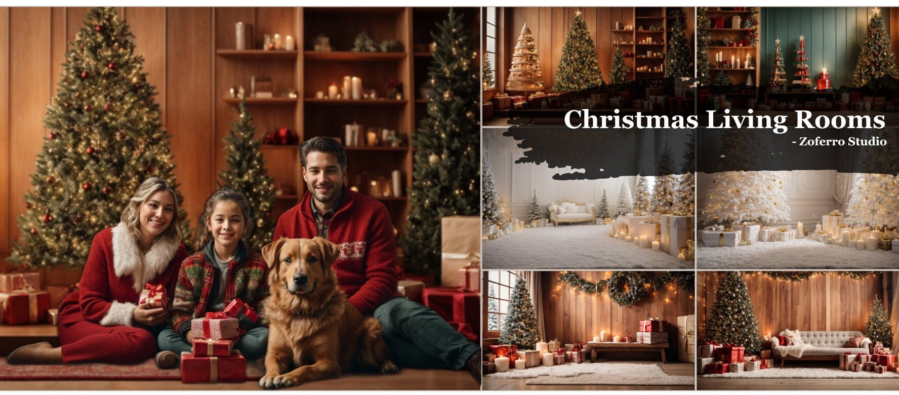 Christmas Living Rooms Digital Backdrop Bundle, 7 4K Digital Backdrops ...