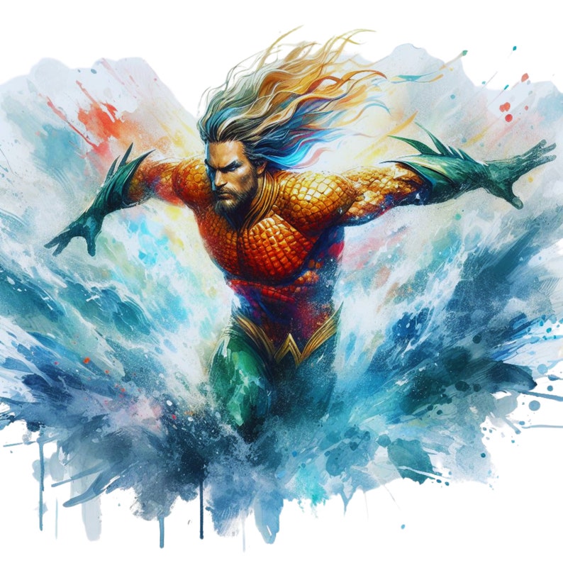 Watercolor Aquaman PNG Pack ,Aquamans Realm: An Artistic Tribute to the Protector of the Deep , Aquaman Comic Style , Legendary Sea Hero image 3