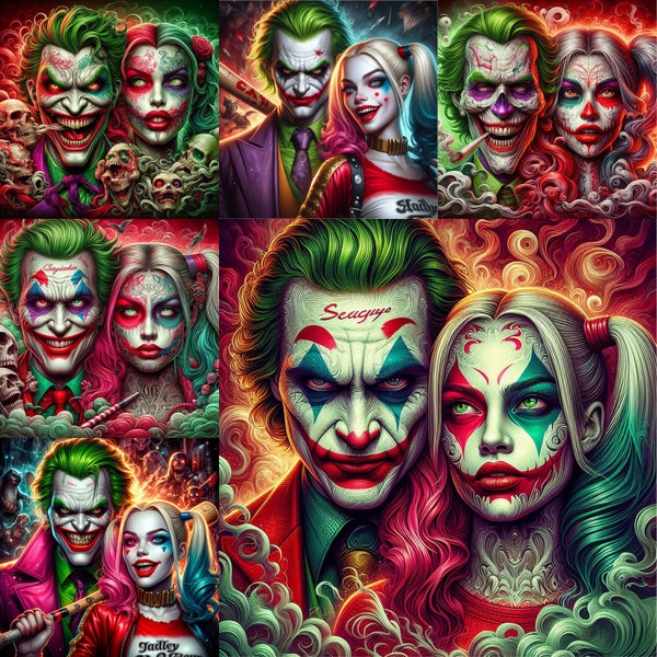 Magical Joker and Harley Quinn PNG Pack Design , Colorful Joker 2 Digital Art , DC Comics Fan Art , Harley Quinn Cosplay