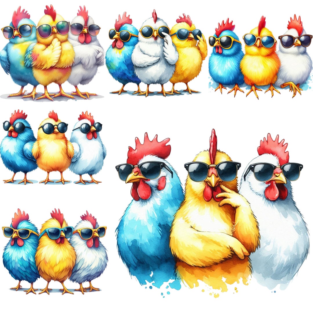 8colorful Crazy Chickens With Sunglasses Fun Watercolor Art Print ...