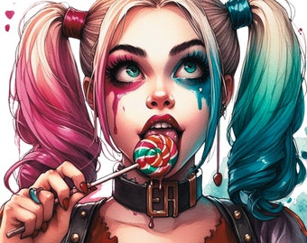 1 PNG  Colorful Harley Quinn is Eating Candy Art , Exploring the Iconic Harley Quinn Character in Digital Design