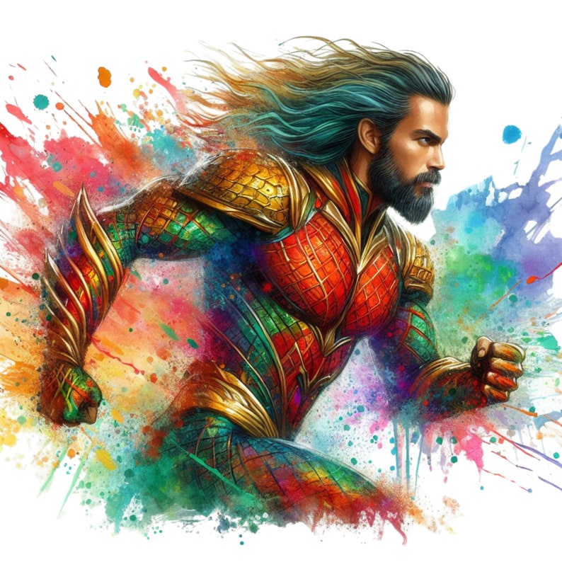 Watercolor Aquaman PNG Pack ,Aquamans Realm: An Artistic Tribute to the Protector of the Deep , Aquaman Comic Style , Legendary Sea Hero image 2