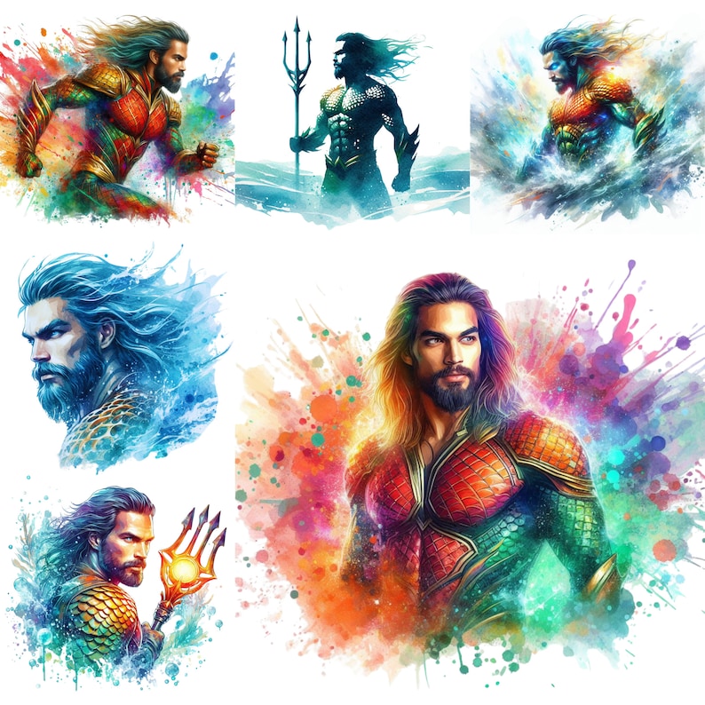 Watercolor Aquaman PNG Pack ,Aquamans Realm: An Artistic Tribute to the Protector of the Deep , Aquaman Comic Style , Legendary Sea Hero image 1