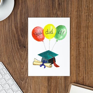 Lo hiciste, tarjeta de graduación, gorro de acuarela con globos, felicitaciones, tarjeta de felicitación en blanco, regalo para personas mayores, graduado universitario, escuela secundaria, nota