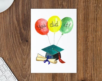 Vous l'avez fait, carte de remise des diplômes, casquette aquarelle avec ballons, félicitations, carte de voeux vierge, cadeau pour senior, diplômé universitaire, lycée, billet