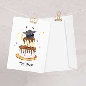 Afstudeerkaart, aquarel pet met taart, gefeliciteerd, senior cadeau, college grad, middelbare school wenskaart, cadeau voor afgestudeerde, opmerking