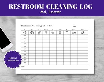 May include: A black and white printable restroom cleaning checklist with icons for toilet paper, soap, mirror, sink, toilet, bin, floor, and staff. The checklist includes columns for time, date, and notes.