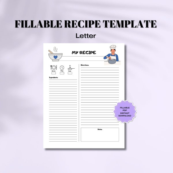 Fillable Recipe Card, Blank Recipe Sheet, Recipe Template, Printable Recipe Page, Recipe Page Chef Design, Gift For Her, Recipe Organizer