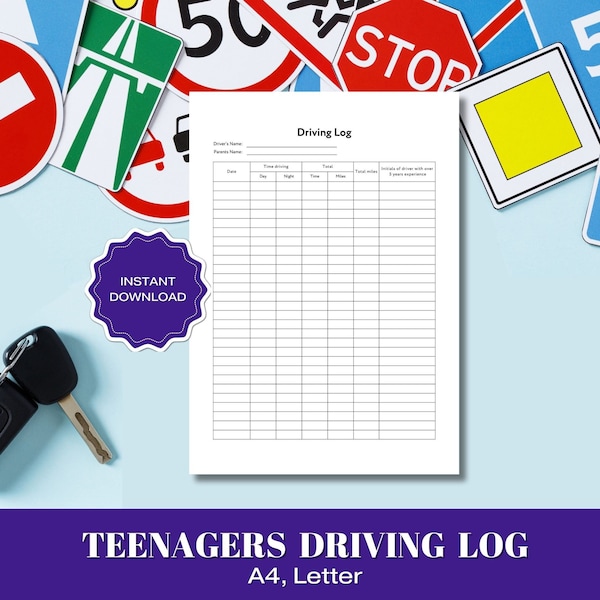 Teenagers Driving Log, Road Trip Journal, Roadway Record, Behind-the-Wheel Log, Teens Driving School Log, Teen Journey Journal, Practice Log