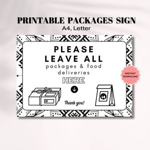 Please Leave Packages And Food Deliveries Here Printable Sign, Package Area Sign, Delivery Driver Sign, Courier Sign PDF, Porch Wall Sign