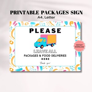 Colorful Delivery Sign, Please Leave Packages And Food Deliveries Here Printable Sign, Digital Package Area Sign, Place Here Sign, Door Sign