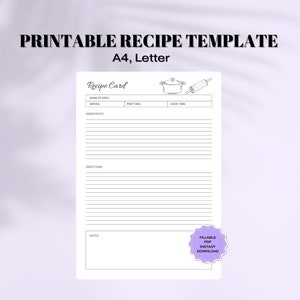 May include: Printable recipe template in A4 or Letter size. The template includes sections for the name of the dish, servings, prep time, cook time, ingredients, directions, and notes. It also features a cute illustration of a pot and rolling pin.