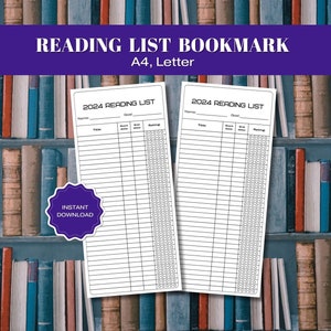 2024 Reading List Bookmark PDF, Printable Reading Log Tracker, Reading Journal, Book Goal Tracker, Library Card Bookmark, Digital Download