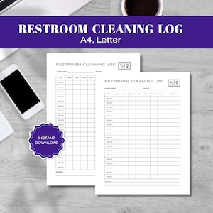 Bathroom Cleaning Log, Restroom Cleaning Checklist, Printable Restroom Cleaning Log For Business,Bathroom Checklist, Restroom Cleaning Chart