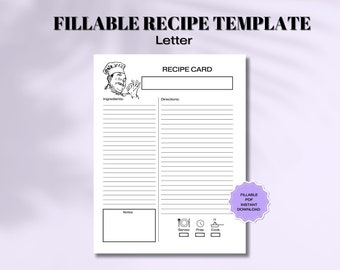 Ifyllningsbart receptkort i PDF-format, tomt receptark, receptmall, utskrivbar receptsida, receptsida för kockdesign, receptorganisatör, kockpresent