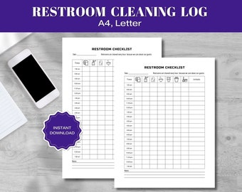 May include: A printable restroom cleaning log checklist in black and white. The checklist includes a date, time, and a list of cleaning tasks with corresponding checkboxes. The text "Restroom Checklist" is at the top of the page. The text "Restrooms are cleaned every hour because we care about our guests" is below the checklist title.
