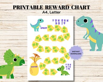 Tabla de recompensas de dinosaurios, tabla de pegatinas en PDF, para niños pequeños y preescolares, tamaño carta y A4, tabla para aprender a ir al baño, tabla de comportamiento, tabla de objetivos imprimible