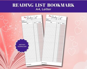 Library Card Bookmarks, Printable Bookmark PDF, Digital Download, Reading List, Reading Log, Book Tracker, Booklover Bookmark With Hearts