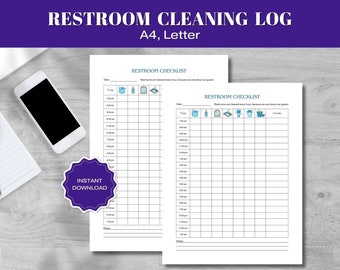 May include: Two printable restroom cleaning checklists in A4 or Letter size. The checklists include a space for date, time, and a list of cleaning tasks with corresponding icons. The text reads "Restroom Checklist" and "Restrooms are cleaned every hour, because we care about our guests".