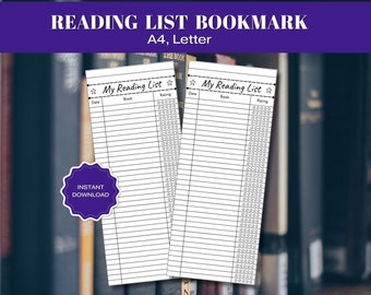 Printable Reading List Bookmark PDF, Reading Log, Reading Journal, Book Goal Tracker, Library Card Bookmark, Book Log, Reading Accessories