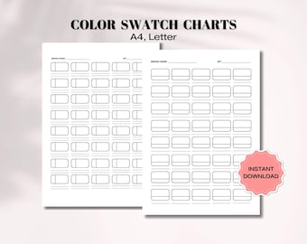 May include: Two printable colour swatch charts in A4 and Letter sizes. Each chart has a space for a brand name, set number, and 48 colour swatches.