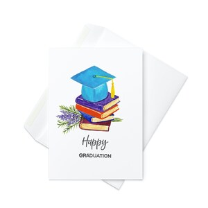 Cartão de feliz formatura, boné azul aquarela com livros e flores, presente para formandos, filho formando da faculdade, lembrança do ensino médio, presente para formandos, nota