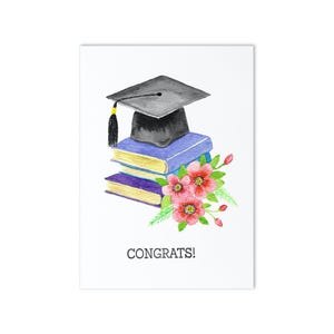 Parabéns! Cartão de formatura, boné de aquarela com livros e flores, presente de formatura, filho formado na faculdade, lembrança do ensino médio, presente para formatura, nota