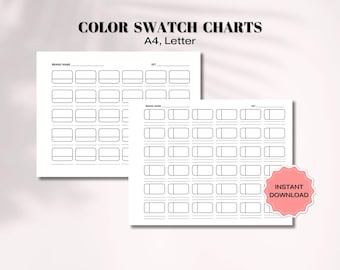 May include: Two printable colour swatch charts in A4 and Letter sizes. Each chart has a space for a brand name, set name, and 30 colour swatches.