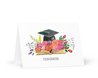 Félicitations ! Carte de remise de diplôme, Casquette aquarelle avec livre et fleurs, Cadeau pour personne âgée, Diplômé, Souvenir du lycée, Carte de diplômé personnalisée, Diplôme