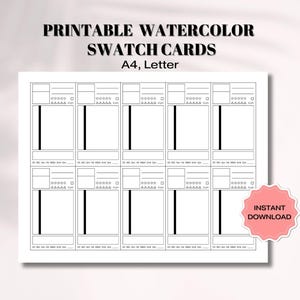 Watercolor Swatch Card Template Printable, Mix Color, Paint Swatch Cards, Organize Paint Colors, Artist Gift, Professional Artist Supplies