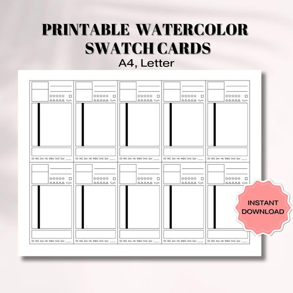 Plantilla imprimible para tarjetas de muestras de acuarela, mezcla de colores, tarjetas de muestras de pintura, organización de colores de pintura, regalo para artistas, suministros profesionales para artistas