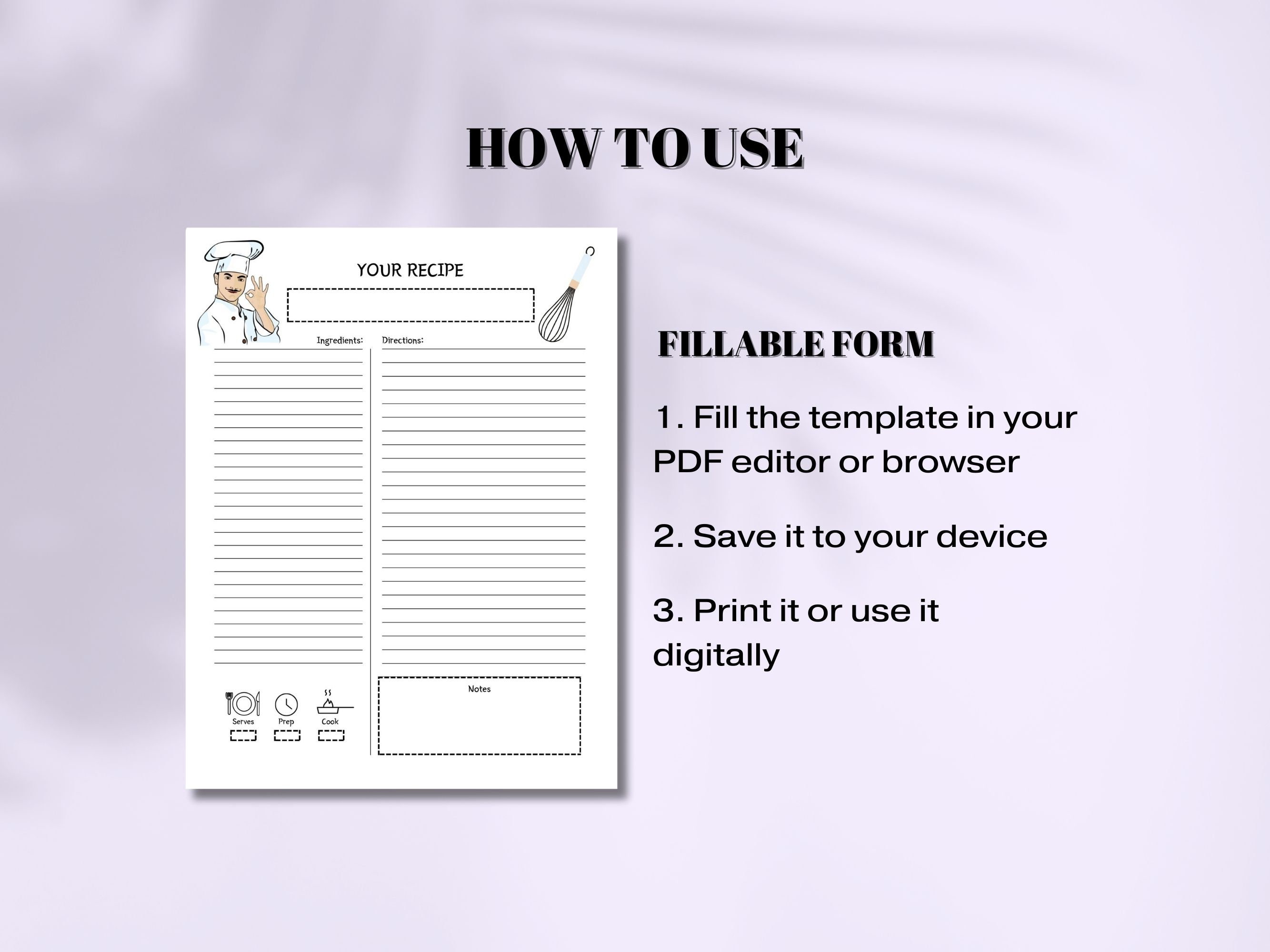 Fillable Recipe Template, Recipe Card, Printable Recipe Page, Recipe ...