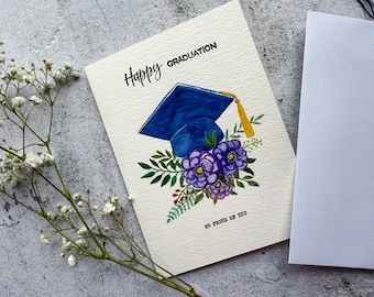 Original Hand-Painted Watercolor Happy Graduation Card, Watercolor Cap & Flowers, Grad Congrats, Celebration, Blank Greeting Card, Not Print